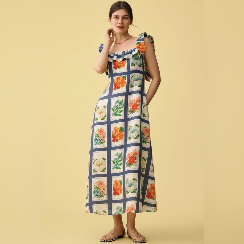 Anthropologie Navy Grid Floral Midi Dress with Orange & Green Accents
